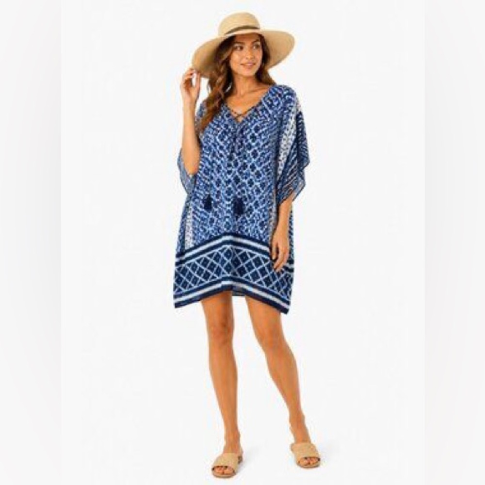 Tommy Bahama Blue and White Kaftan Tunic Swim Cover Up